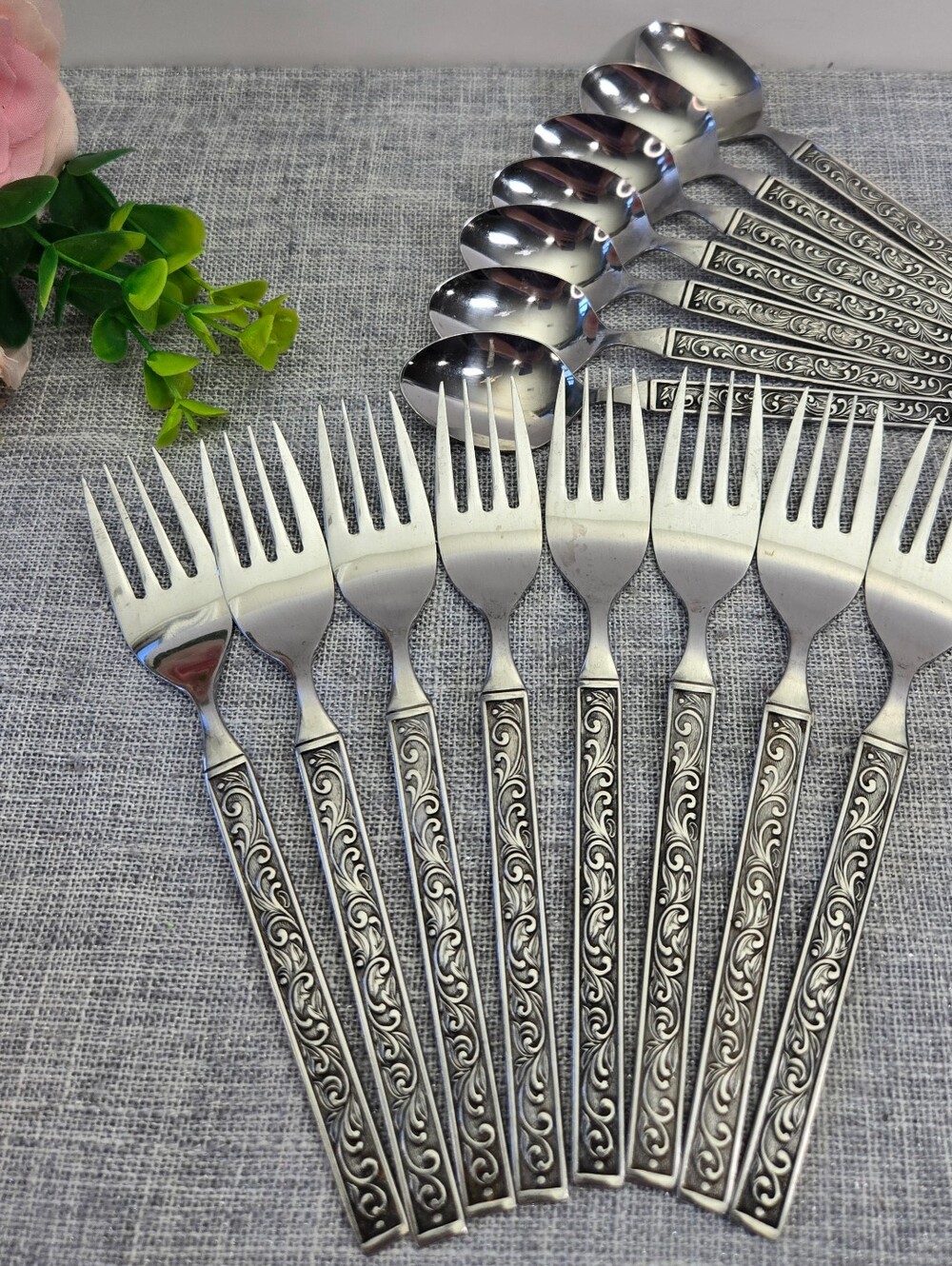 Vintage MCM Richelieu Stainless Flatware Lot 15 Pc Black Scroll & Vine Pat Japan